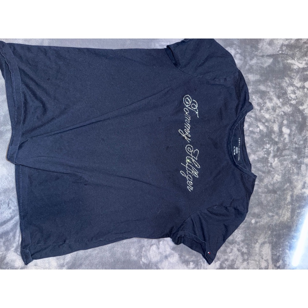 Tommy Hilfiger Navy Blue Rhinestone Script Logo T-Shirt XL Short Sleeve Tee